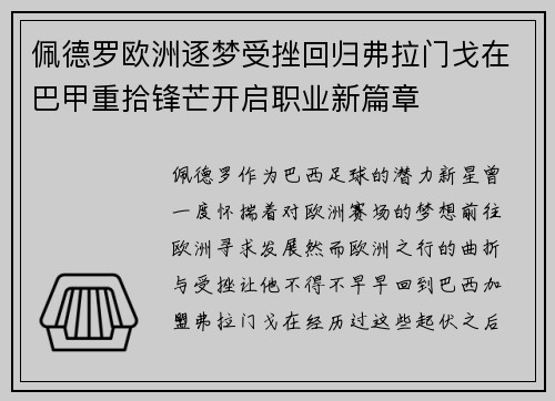 佩德罗欧洲逐梦受挫回归弗拉门戈在巴甲重拾锋芒开启职业新篇章