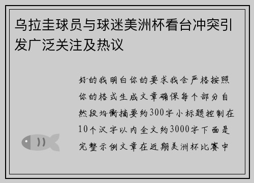 乌拉圭球员与球迷美洲杯看台冲突引发广泛关注及热议
